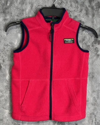 LL BEAN Girls Large 6X/7 Bright Pink Navy Blue Trim Fleece Zip Vest - Image 1 of 4