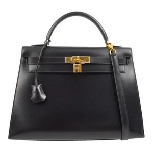 Hermes Black Box Calf Kelly 32 Sellier 2way Handbag 22.S □C 192059 - Picture 1 of 10