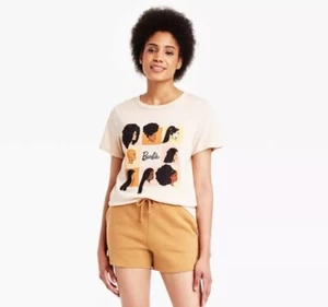 Barbie Women’s XS T-Shirt Tan Squares Short Sleeve Graphic Print Shirt New - Picture 1 of 5
