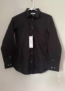 Calvin Klein Boys' Long Sleeve Satin Dress Shirt, Button-Down Style, Black, 14 - Picture 1 of 10