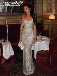 Ladies Autumn Bling Evening Dress Sleeveless Backless Maxi Sequins Party Dress C - Picture 1 of 54
