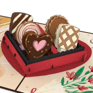 3D POP UP Klappkarte *Pralinen* Romantik Herzdose Rot Liebe Schokolade Herz-Keks - Bild 1 von 5