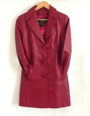 Nuevo Abrigo de Cuero Terry Lewis Clásico Lujos Rojo Oscuro Bolsillos Relajado Talla PXS Foto 1 de 4