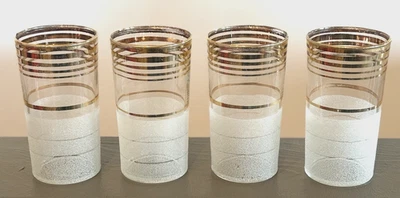 4 vasos de vidrio de colección con fondo de azúcar esmerilado a rayas doradas de 4,75" de alto MCM barware Foto 1 de 4