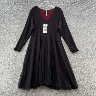 Vestido Cynthia Ashby Mujer Mediano Negro Borgoña Aimee Malla Superposición Manga Larga Foto 1 de 4