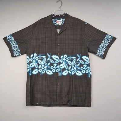Camisa Hawaiana Hilo Hattie Para Hombre XL Marrón Azul Cuadros Floral Algodón Madera Botones Foto 1 de 4