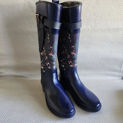 Botas de lluvia Ted Baker hasta la rodilla azul floral hebilla tono rosa acento botas de agua talla 9 Foto 1 de 4