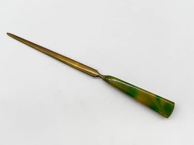 ANTIQUE CARVACRAFT STYLE GREEN MARBLED BAKELITE LETTER OPENER DESK ACCESSORY - Image 1 of 4