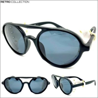 Herren Retro Steampunk Cyber Sonnenbrille Brille Rund Schwarzes Gestell Leder - Bild 1 von 4