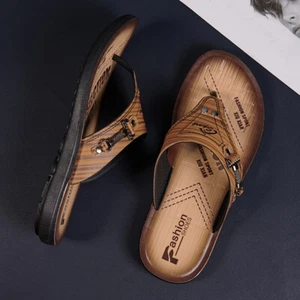 Mens Sandals Mens Mules Faux Leather Toe Post Flip Flops Summer Tan/Brown Size - Picture 1 of 11