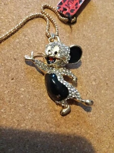 Betsey Johnson Rhinestone And Black Enamel Mouse Crystal Pendant Necklace chain - Picture 1 of 4