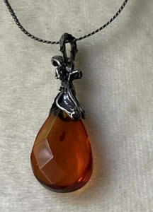 Vintage Sterling Silver & Amber Pendant Necklace Faceted Amber Drop Cut 1.5"x.5" - Picture 1 of 8