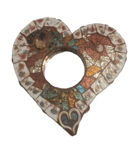 Handmade Mosaic Heart Mirror Vintage Shabby Chic Hobo Valentine's Day Gift EUC - Picture 1 of 5