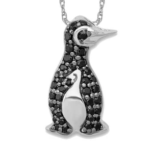 14K Solid White Gold Black Diamond Penguin Floating Chain Slide Necklace - Picture 1 of 6