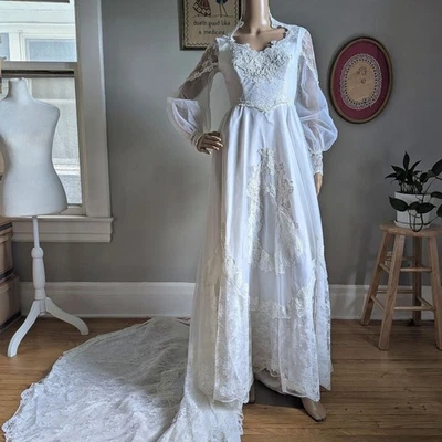 Maxi vestido de novia vintage años 70 Bridallure vestido de encaje floral tren novia talla 4 Foto 1 de 4