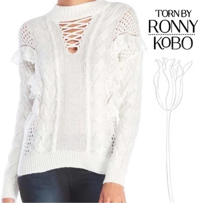 Torn by Ronny Kobo Ivory White Feminine Romantic Ruffle Lace Sweater M - Imagem 1 de 4