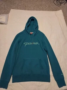 Puma Teal Hoodie Sweatshirt Size Youth Medium Cursive Stitched Pullover Pockets - Picture 1 of 3