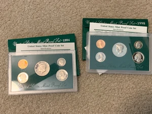 2 proof sets 1994 & 1998 10 Coin Proof Set with Box and COA Clad Coins As Issued - Picture 1 of 4
