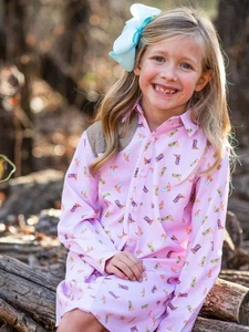 BlueQuail Kids Boots Print Button Down Western Dress Pink UPF 50+ Size 10 - Picture 1 of 6