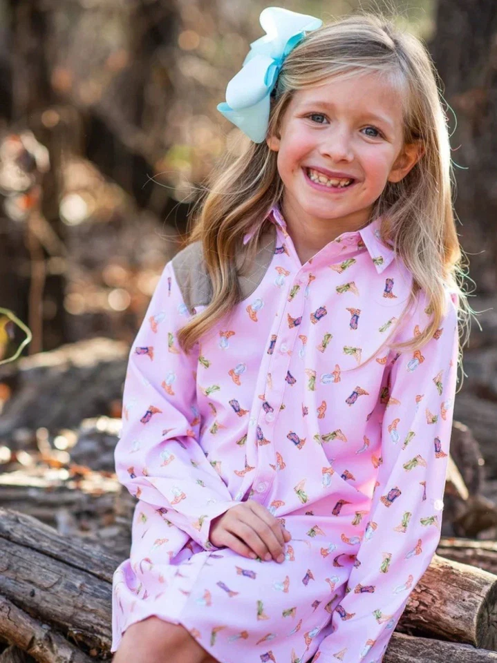 BlueQuail Niños Botas Estampado Botones Vestido Occidental Rosa UPF 50+ Talla 10 Foto 1 de 4