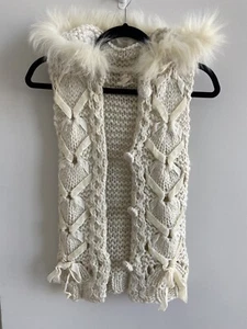 Truluv ivory wool blend button up cardigan ribbon & fur accent sleeveless SZ 12 - Picture 1 of 10