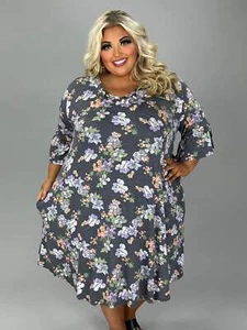 53 PSS {Blooming In Charcoal} Charcoal Floral V-Neck Dress EXTENDED PLUS SIZE 4X - Picture 1 of 5