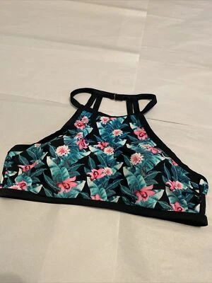 Island Soul Women's 1X Black Green Pink Tropical Split Straps Halter Swim Top - Imagem 1 de 4