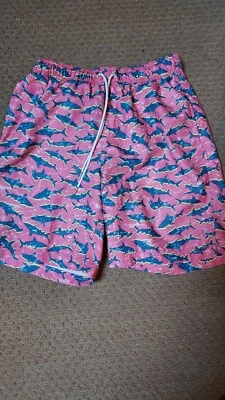 Lands End Mens Small 28 30 Swim Trunks Shorts Swimsuit Pink Blue Sharks Pockets  - Image 1 of 4