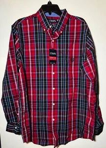 Chaps Mens Large Red/Blue Plaid Button Down Long Sleeve Easy Care Stretch Shirt - Picture 1 of 6