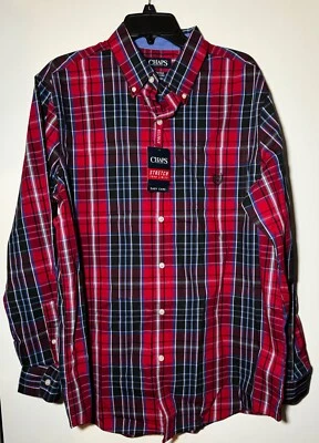 Chaps Mens Large Red/Blue Plaid Button Down Long Sleeve Easy Care Stretch Shirt - Image 1 of 4