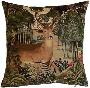 DOE DEER IN FOREST BELGIAN JACQUARD WOVEN TAPESTRY CUSHION COVER, BEIGE REVERSE - Picture 1 of 5