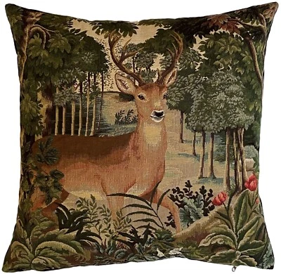 DOE DEER IN FOREST BELGIAN JACQUARD WOVEN TAPESTRY PILLOW CUSHION COVER WITH ZIP - Image 1 of 4