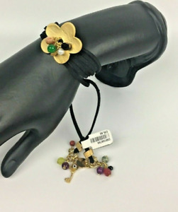 Ibiza Black Leather Wrap Bracelet Boho Signed Logo Charm Flower Beads New Pearl