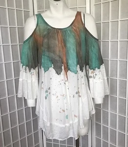 Fließendes Batik Festival S Top Cold Shoulder Trapez Saum skurril künstlerisch Boho - Bild 1 von 14
