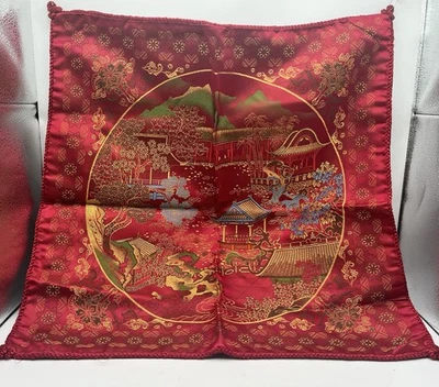 2 Vtg Asian Pillow Cases Covers New Blues & Reds Pagodas Trees Nature - Image 1 of 4