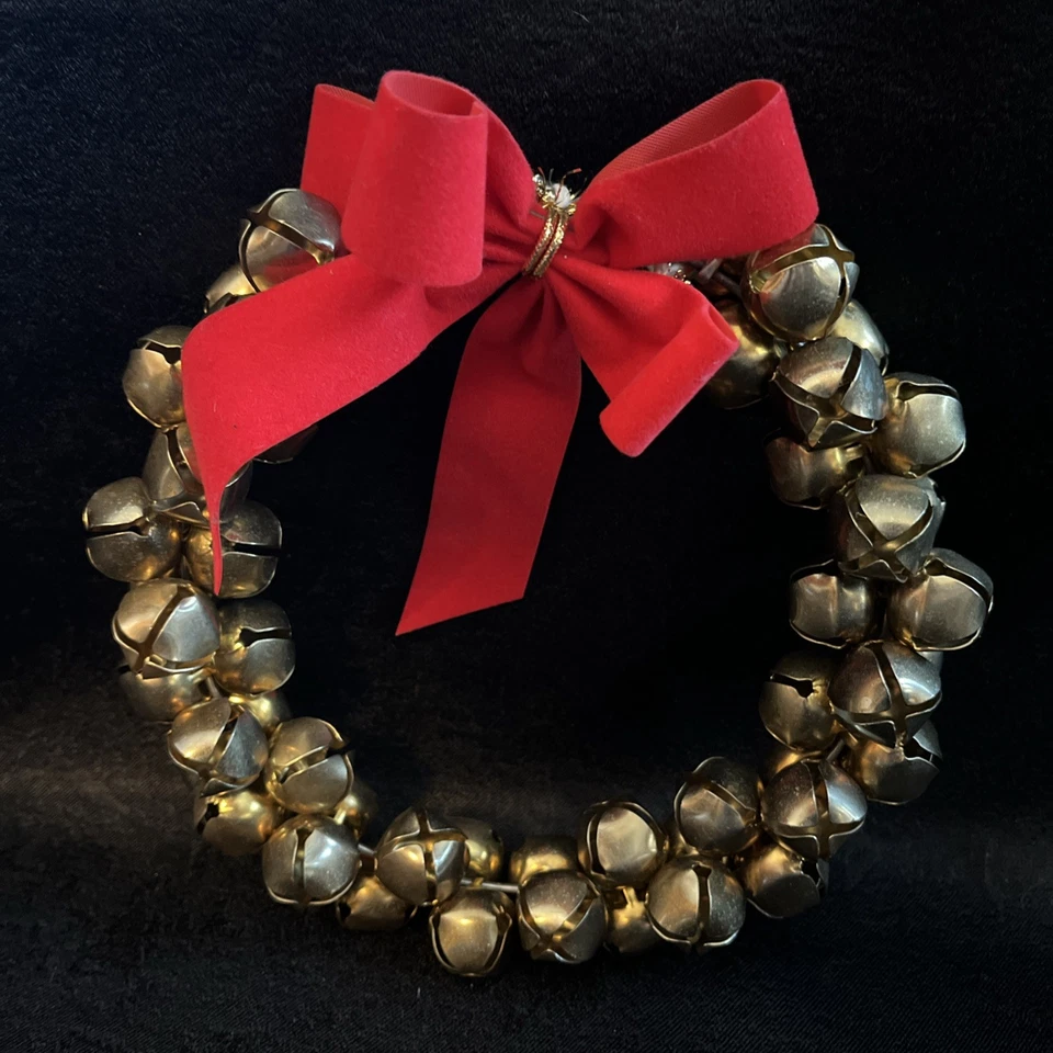 VTG. Jingle Bells Wreath 8” Gold Large Vintage Brass Sleigh Bells & Red Ribbon  - Image 1 of 4