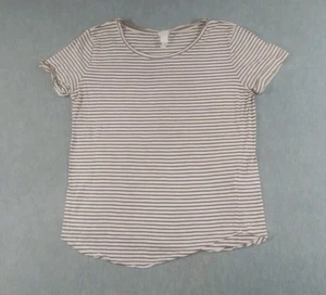 H&M Basics T Shirt Womens Medium White Brown Striped Cuffed Sleeves Curved Hem - Picture 1 of 19