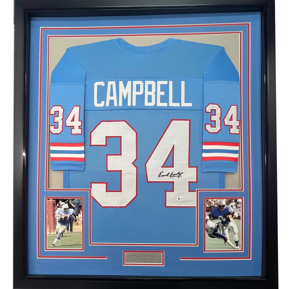 Camiseta deportiva azul Houston 33x42 EARL CAMPBELL 33x42 autografiada/firmada enmarcada certificado de autenticidad JSA automática Foto 1 de 2