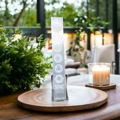 Steinfixx® Selenit Ladeplatte - Lineal - mit Chakra Gravur  incl. Ständer 20cm - Bild 1 von 4