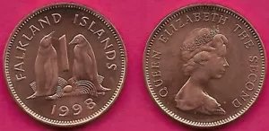 FALKLAND ISLANDS 1 PENNY 1998 UNC 2 GENTOO PENGUINS,ELIZABETH II YOUNG BUST RIGH - Picture 1 of 1