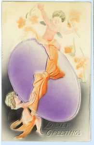 Easter Greetings Cherubs Egg 1909 Heavy Embossed Postcard - Bild 1 von 2