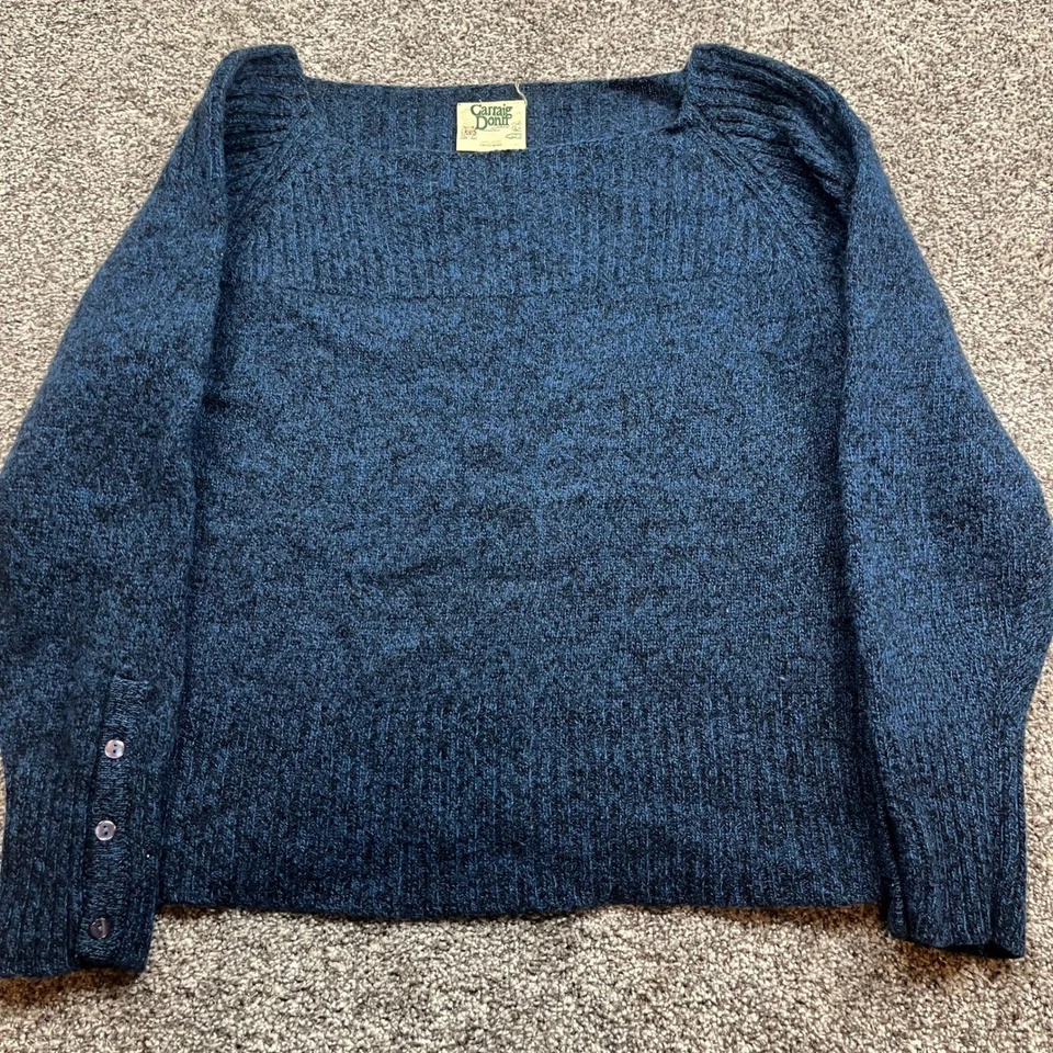 Suéter Carraig Donn Aran Tejido Azul Shetland Lana Barco Cuello Botón Puño Mujeres L Foto 1 de 4