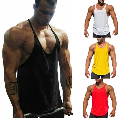 Men Stringer Vest Solid Top Fitness Muscle Tank Gym Workout Bodybuilding Sports - Image 1 of 4