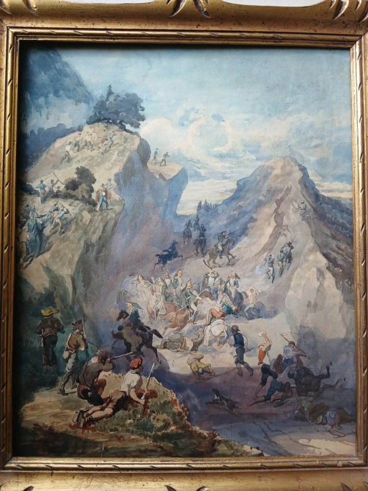 tableau ancien aquarelle ancienne bataille espagne napoléon III (XX) - Photo 1/4