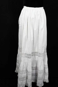 ANTIQUE FRENCH LONG EDWARDIAN WHITE COTTON  PETTICOAT SKIRT 23" WAIST 37"L - Picture 1 of 4