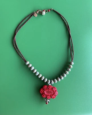 David Aubrey...Glass Beads, Faux Carved Cinnabar Pendant Necklace, Marked - Image 1 of 3