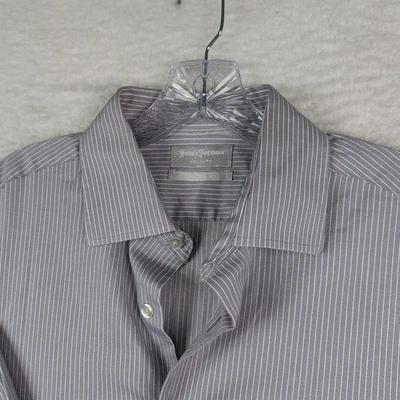 Hickey Freeman 纽约经典合身灰色白色条纹纽扣衬衫 16-16.5 32/33 — 第 1/4 张图片