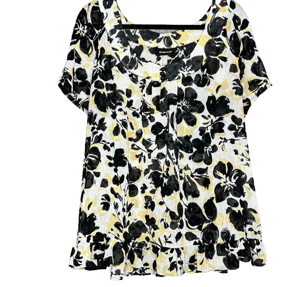 Avenue Top 1X Camisa Negra Amarilla Floral Cuello Redondo Transparente Manga Corta Foto 1 de 4