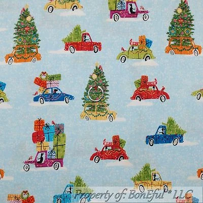 BonEful Fabric FQ Cotton Quilt Scenic Xmas Tree Truck Car Town Snow Winter SALE - Image 1 of 4