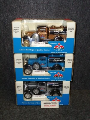 AMOCO 1929 FORD MODEL A TANKER TRUCKS BLUE SILVER & GOLD 3 PIECE COLLECTOR SET - Image 1 of 4
